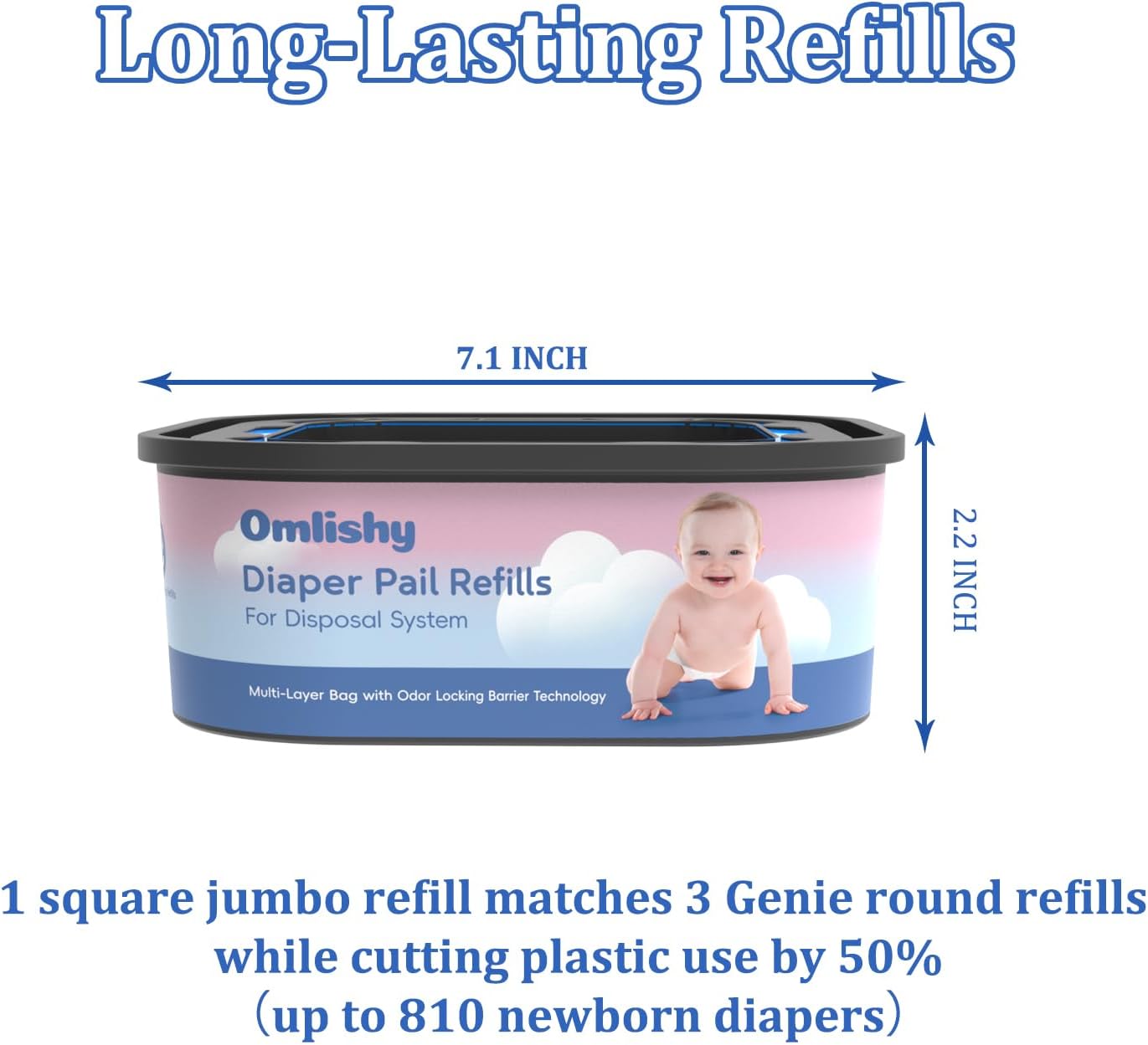 Jumbo Square Bags Refill Compatible with Diaper Genie Compact, Select Pails (Not Fit Classic), Max Odor Control, Disposal Bag Refills, Continuous Film, Holds Up to 810 Newborn Diapers, 4 Pack