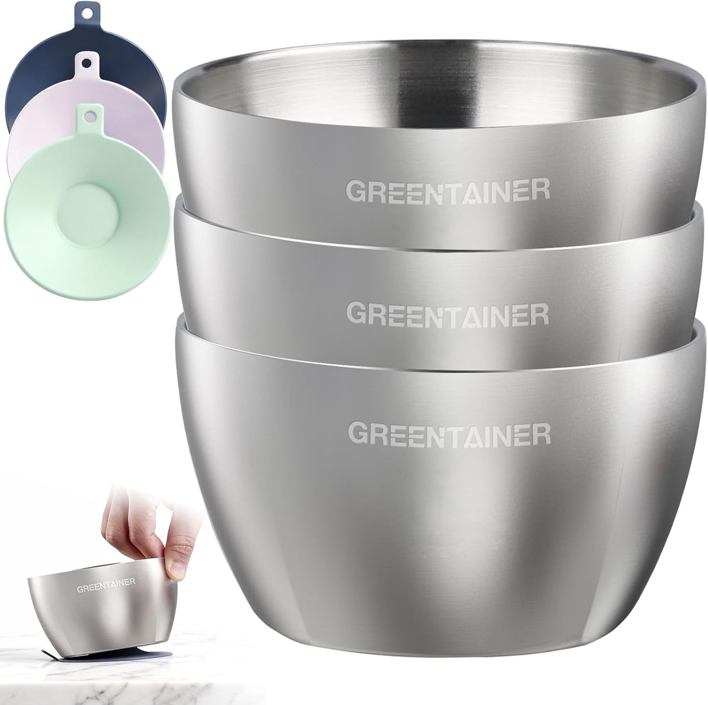 Greentainer Stainless Steel Baby Bowl Set of 3, Double Wall Insulated, Unbreakable Toddler Bowls with Removable Silicone Suction Base, Non-Slip, Dishwasher Safe, BPA-Free for Infants 6+ Months (Green)