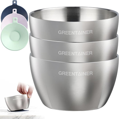 Greentainer Stainless Steel Baby Bowl Set of 3, Double Wall Insulated, Unbreakable Toddler Bowls with Removable Silicone Suction Base, Non-Slip, Dishwasher Safe, BPA-Free for Infants 6+ Months (Green)