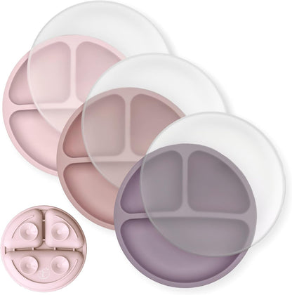Hippypotamus Toddler Plates with Suction - 100% Food-Grade Silicone Baby Plates with Lids - Microwave & Dishwasher Safe - BPA Free - Set of 3 (Pink/Mint/Lavender with LIDS)