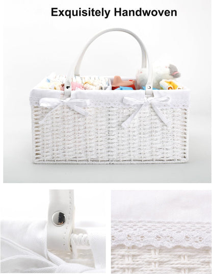 Large Baby Diaper Caddy Basket - Wicker Paper Rope Storage Baskets Portable Woven Car Organizer for Diapers With Cotton Divider Brown