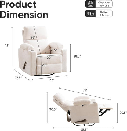 Rocking Chair Nursery with Adjustable Armrests, Electric Glider Recliner Nursing Chair for Breastfeeding, Power Swivel Recliner Chairs with Massage and Heat, Adjustable Headrest , FSC Certified, White