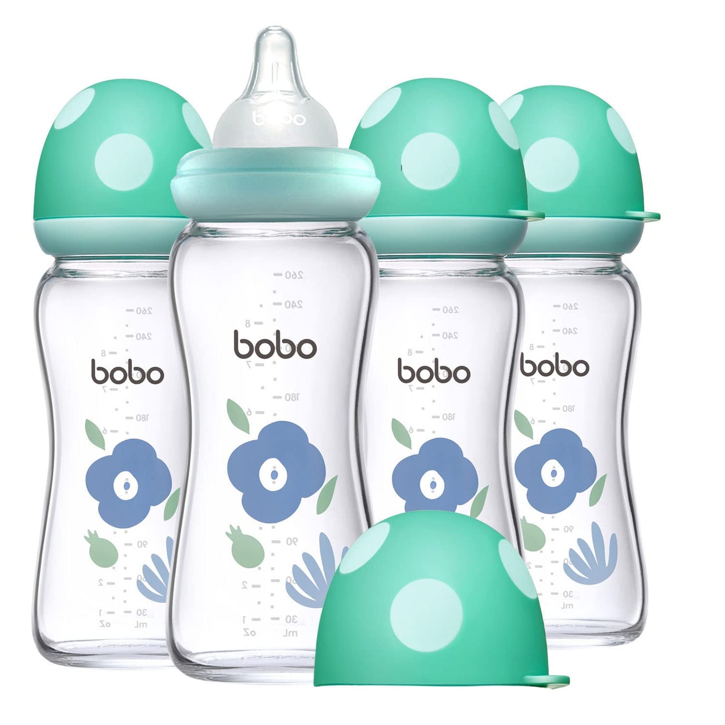 YOHKOH Natural Glass Baby Bottle with Level 1 Slow Flow Nipple, Newborn Anti-Colic Baby Bottles, Wide Neck Mushroom Baby Glass Bottle (Multicolour-A, 3.4oz (Pack of 4))