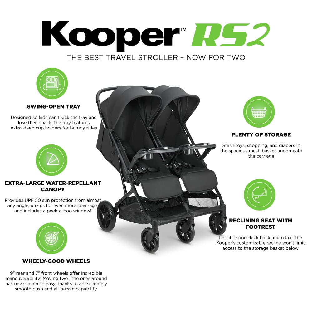 Joovy Kooper X2 Double Stroller, Lightweight Travel Stroller, Compact Fold with Tray, Black
