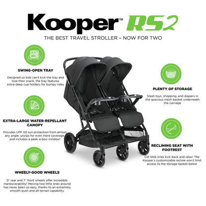 Joovy Kooper X2 Double Stroller, Lightweight Travel Stroller, Compact Fold with Tray, Black
