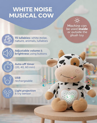 Baby Sound Machine Plush Cow with Cry Detector & Star Projector – USB Rechargeable White Noise Machine Baby with 15 Melodies & Timer – Lullaby Sound Machine & Baby Sleep Soother for Newborns