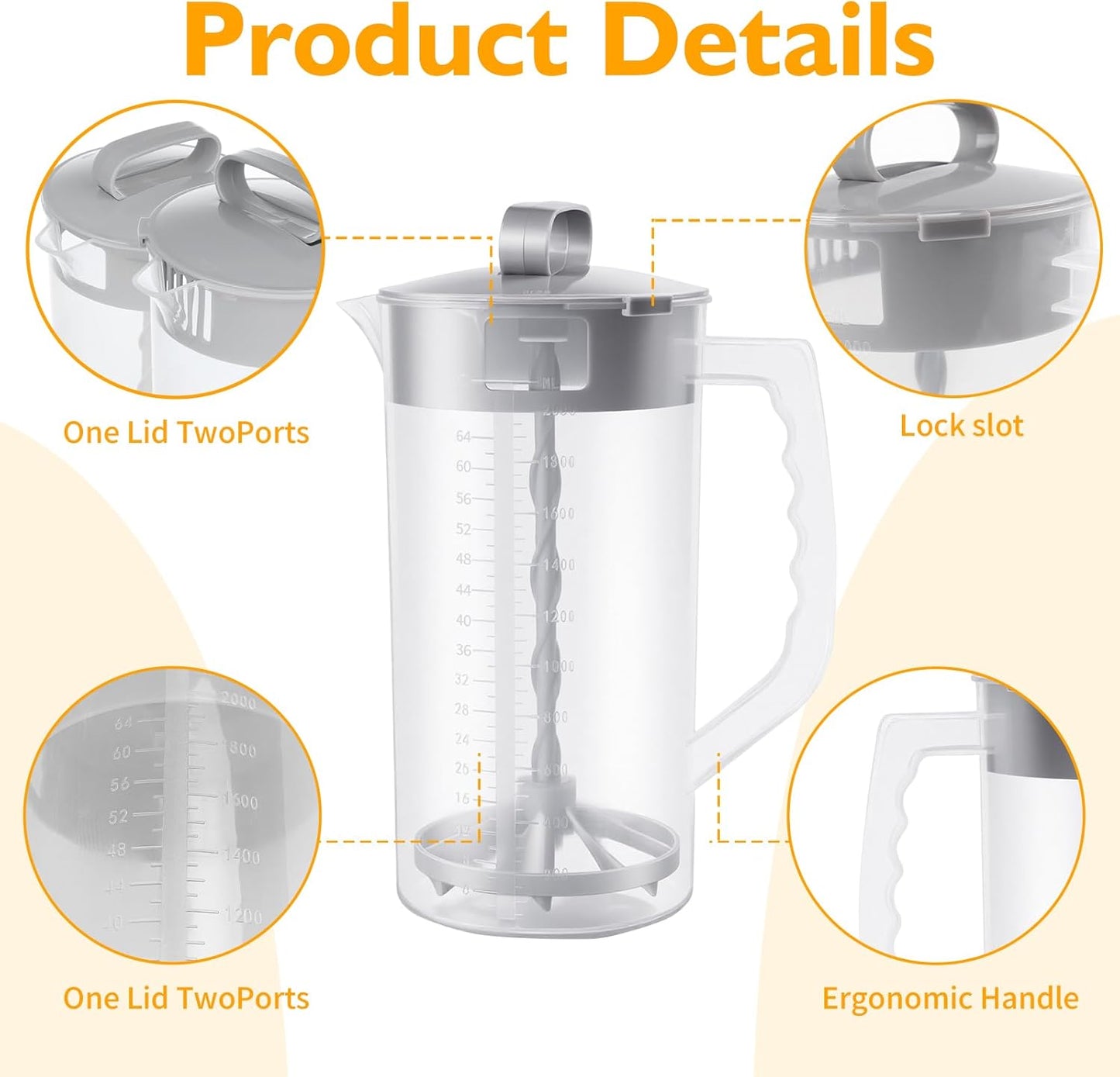 2 Quart/64oz Mixing Pitcher with Adjustable Plunger & Lid - BPA-Free, Drink Container for Juice, Formula, Tea - Wide Mouth, Easy Clean, Vortex Mixing Technolog