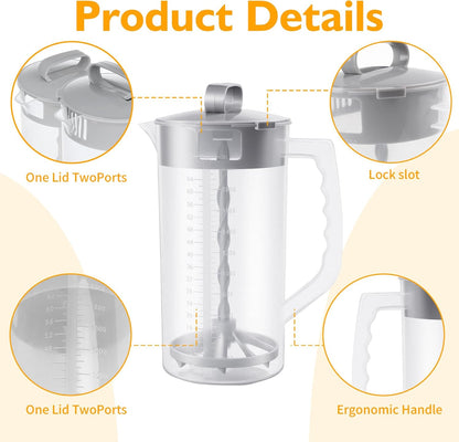 2 Quart/64oz Mixing Pitcher with Adjustable Plunger & Lid - BPA-Free, Drink Container for Juice, Formula, Tea - Wide Mouth, Easy Clean, Vortex Mixing Technolog
