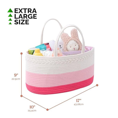 luxury little Diaper Caddy Organizer, Large Cotton Rope Nursery Baby Basket, Changing Table Organizer for Baby Diaper Storage, Portable Car Organizer Removable Divider (Pink, Extra Large)