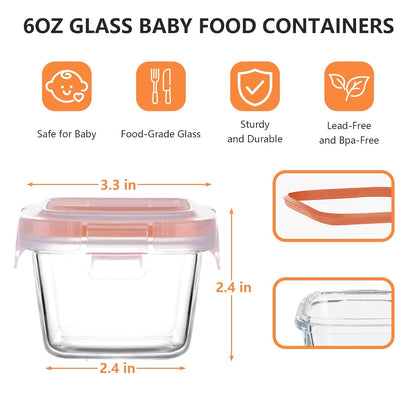 Luvan 7oz Glass Baby Food Containers, 12 Pack with Leakproof Lids, Stackable, Freezer Safe, Baby Bullet Containers for Fruit Purees and Vegetable Mashes