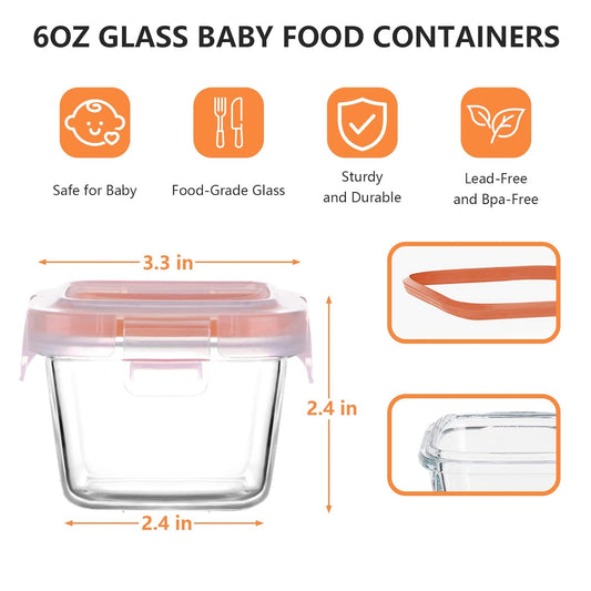 Luvan 7oz Glass Baby Food Containers, 12 Pack with Leakproof Lids, Stackable, Freezer Safe, Baby Bullet Containers for Fruit Purees and Vegetable Mashes