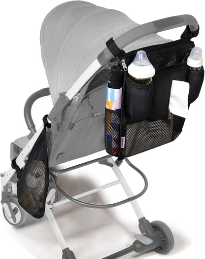 SUNVENO 2-pack Universal Stroller Organizer Caddy with Cup Holders, Wipes Pouch and Extra Storage, Zippered Mesh Side Sling for Pushchair, Black