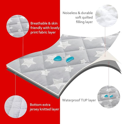 Crib Mattress Protector Waterproof, Quilted Crib Mattress Pad Cover 52" x 28", Extra Soft Breathable Toddler Bed Cover Stretch Up to 8", Grey Star