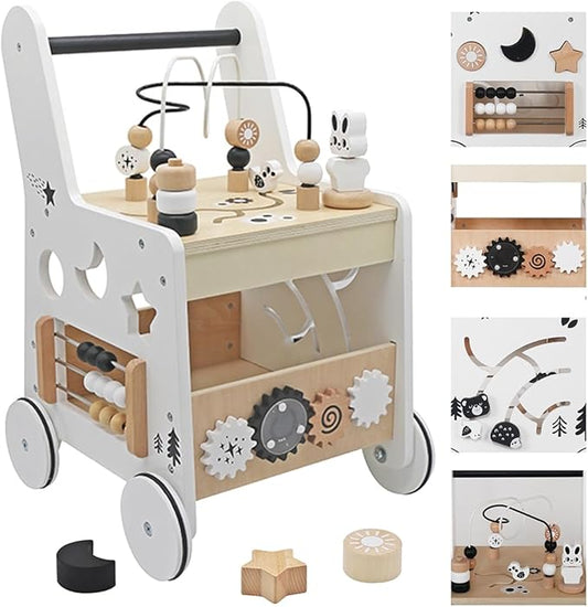 Wooden Baby Walker Activity Cubes,Baby Push Walker Toy for Toddler, 5in1 Montessori Learning&Educational Toys for 1+ Year Old Boy Girl | Sorting&Stacking | Bead Mazes and Counting Toys