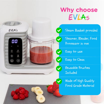 EVLA'S Baby Food Maker, Steamer, Blender, Baby Food Processor for Healthy Homemade Baby Food in Minutes, Touch Screen with 6 Reusable Food Pouches, Baby Registry Essential, White