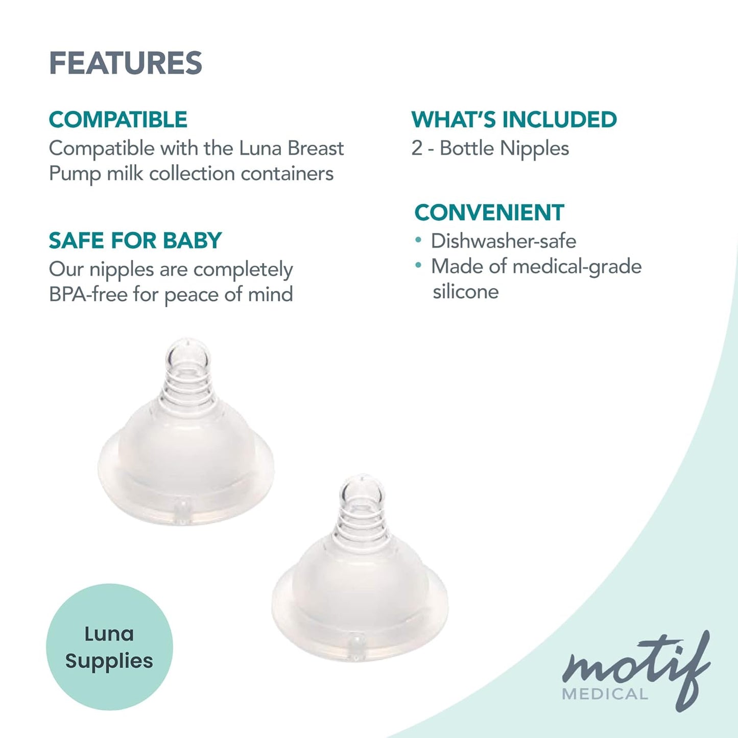 Motif Medical Replacement Slow Flow Nipples for Luna Baby Bottle - Dishwasher-Safe, Silicone Newborn Bottle Nipples - Baby Bottle Nipples for Comfortable Feeding (2 Nipples Included)