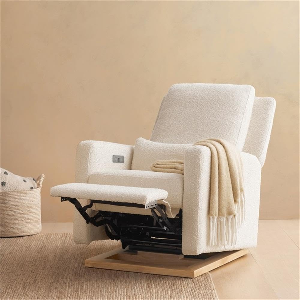 Babyletto Sigi Electronic Power Recliner & Swivel Glider with USB Port in Performance Beach Eco-Weave with Light Wood Base, Water Repellent & Stain Resistant, Greenguard Gold and CertiPUR-US Certified