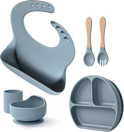 Baby Suction Plates and Bowls Set - 100% Food Grade Silicone Toddler Feeding Supplies for BLW | Stay-Put Divided Dish | Includes Bonus Bib, Cup & Soft Spoon/Fork (6-Piece)