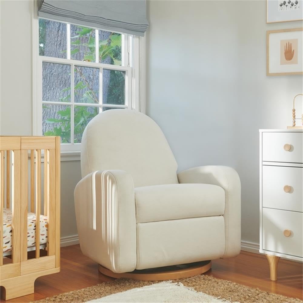 Babyletto Nami Electronic Power Recliner and Swivel Glider with USB Port in Ivory Boucle with Light Wood Base, Greenguard Gold and CertiPUR-US Certified