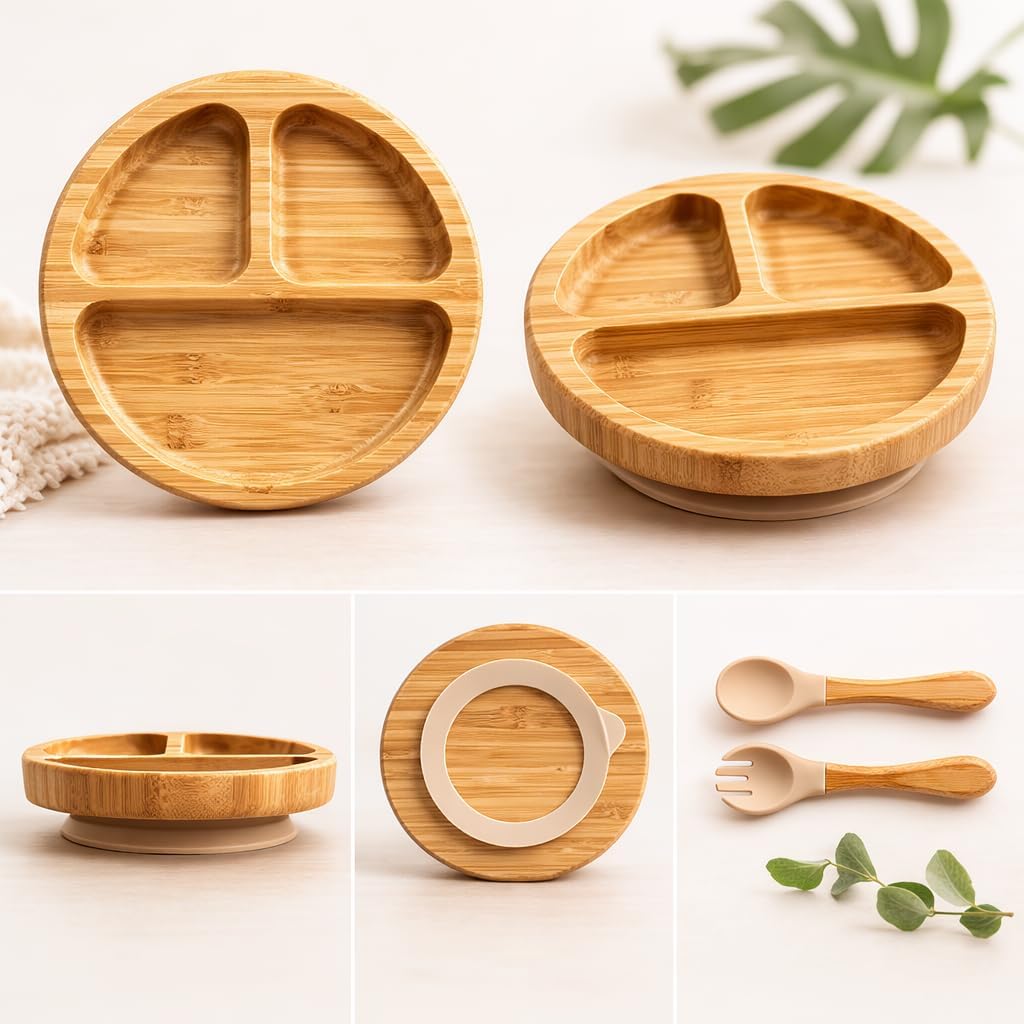 Bamboo Baby Plates with Suction, Toddler Plates for Self Feeding, Eco Friendly Baby Feeding Plate Set, Divided Plate for Baby Boy & Baby Girl, BPA Free, Easy Clean (Beige)