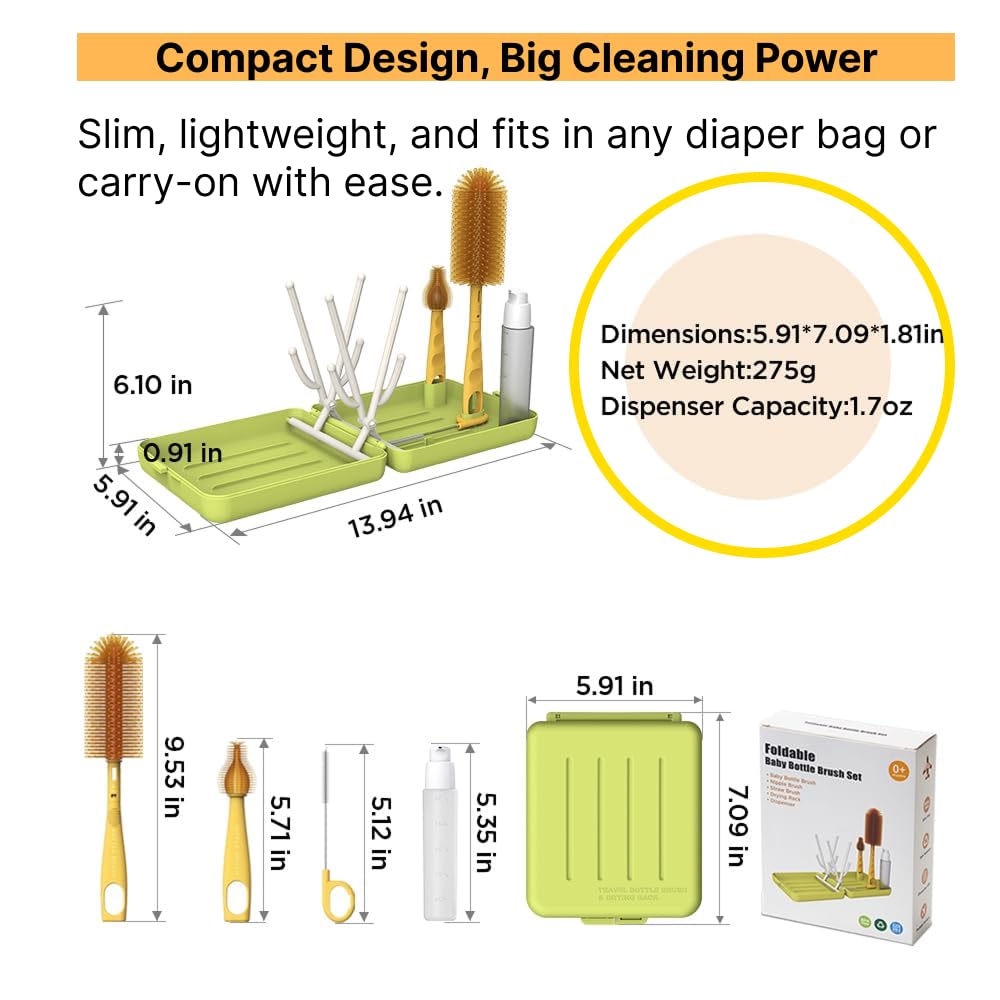 Travel Bottle Cleaner kit, 7in1 Baby Travel Gear Essential Silicone Travel Bottle Brush Set Nipple Drying Rack, Straw Breast Pump Cleaning Soap Dispenser Organizer Case Mon Gift (Pink)