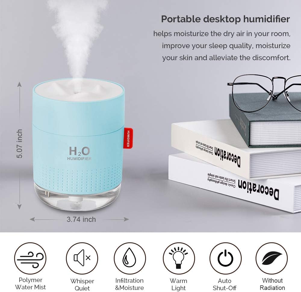 Portable Mini Humidifier, 500ml Small Cool Mist Humidifier, USB Personal Desktop Humidifiers for Baby Bedroom Travel Office Home, Auto Shut-Off, 2 Mist Modes, Super Quiet, White