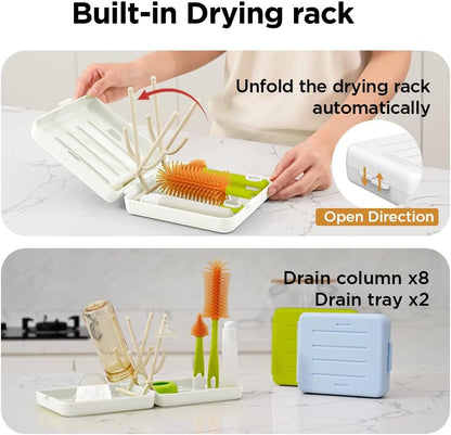 Travel Bottle Brush with Portable Bottle Drying Rack, Baby Bottle Brush for Baby Travel Essential, Blue