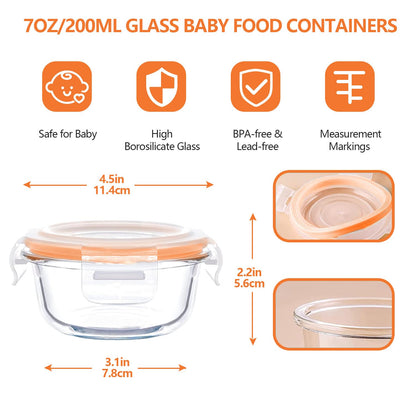 Luvan 7oz Glass Baby Food Containers, 12 Pack with Leakproof Lids, Stackable, Freezer Safe, Baby Bullet Containers for Fruit Purees and Vegetable Mashes