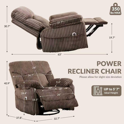 GRAINELL Oversize Power Swivel Recliner, 40in Wide Electric Glider Rocking Chair with Headrest Adjustment, USB Port, 270° Swivel, Rock 30° – for Living Room, Nursery, Black (5" 7' to 6" 1' Height)