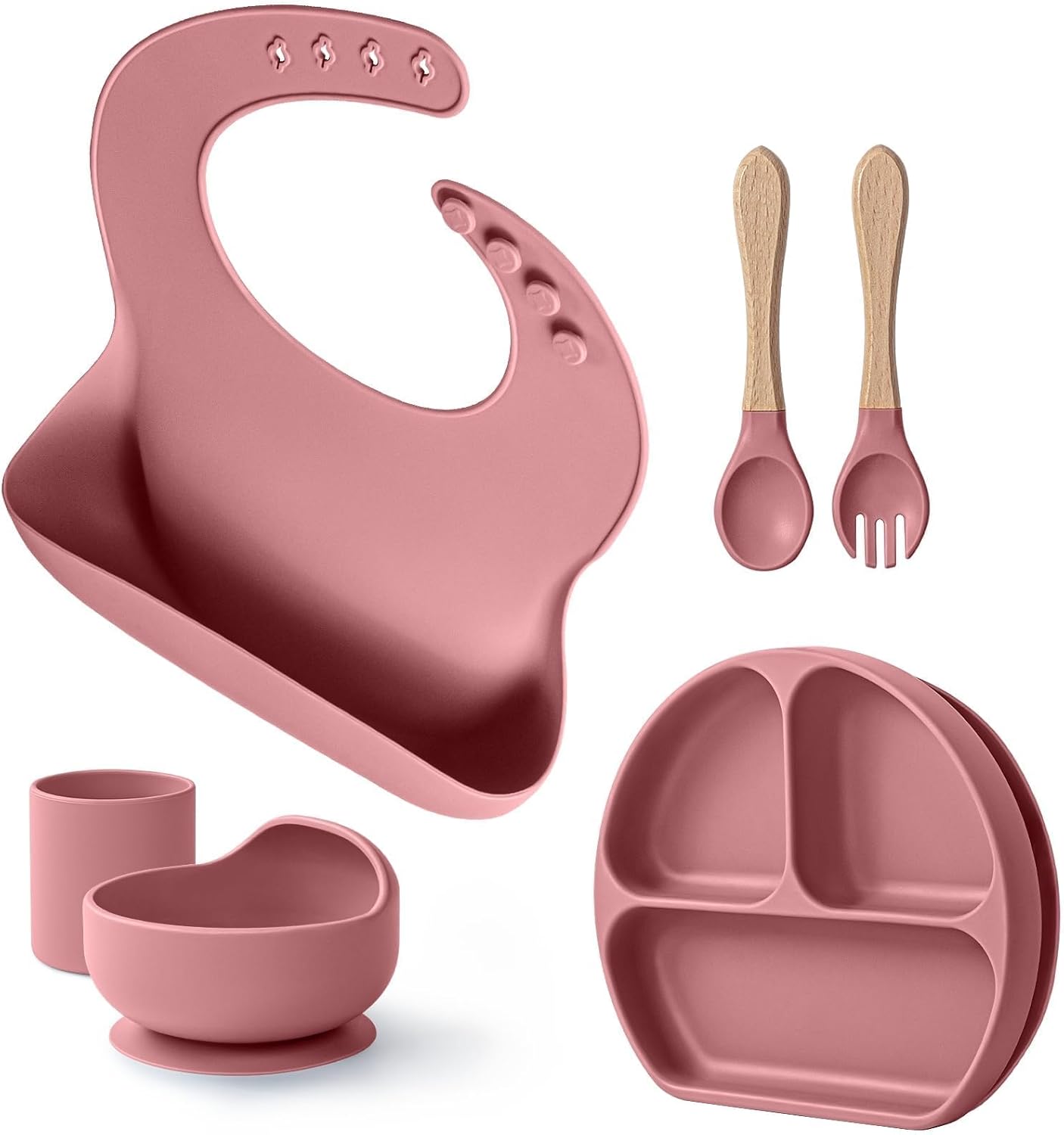 Baby Suction Plates and Bowls Set - 100% Food Grade Silicone Toddler Feeding Supplies for BLW | Stay-Put Divided Dish | Includes Bonus Bib, Cup & Soft Spoon/Fork (6-Piece)