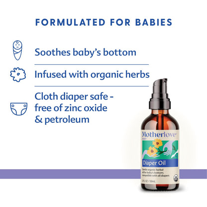 Motherlove Diaper Oil (2 oz) Soothing Vegan diaper Rash Oil—Organic, Cloth diaper Safe, Zinc Oxide- & Petroleum-Free