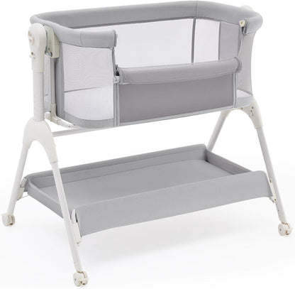 HARPPA Cuddly Sway Baby Bassinet Bedside Sleeper, 3 in 1 Rocking Bassinet with Mattress and Soft Cover, Full Mesh Sides, 5 Height Adjustable with Wheels for Newborns, Beige