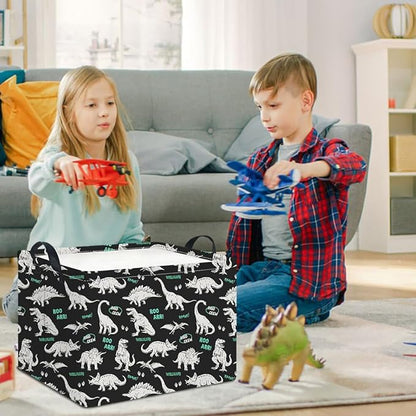 Rectangle Storage Basket with Handles,Collapsible Storage Bin,Books Box,Gift Basket(Green Word Dinosaur)