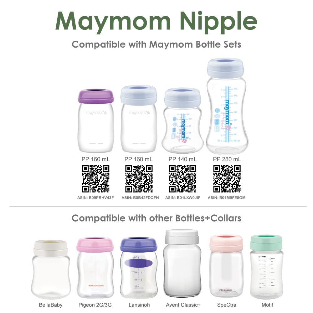 Maymom Wide-Mouth Milk Storage Feeding Collection Bottle with Nipple, Dome Cap, Bottle Top, SureSeal Sealing Disk; Compatible with Spectra Pump/Motif Luna; 5 pc (4.7Oz/140mL)