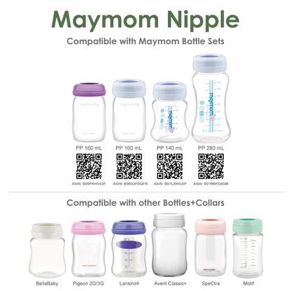 Maymom Wide-Mouth Milk Storage Feeding Collection Bottle with Nipple, Dome Cap, Bottle Top, SureSeal Sealing Disk; Compatible with Spectra Pump/Motif Luna; 5 pc (4.7Oz/140mL)