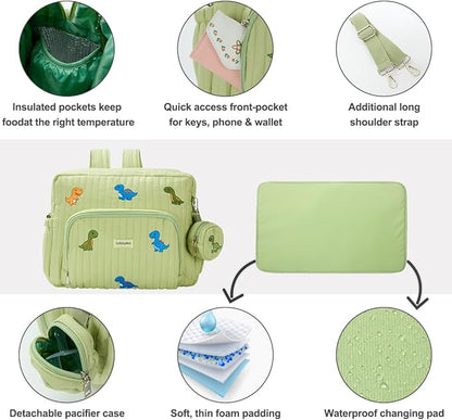 GOBABYMART Diaper Bag Backpack with Changing Pad - Travel Baby Bag, Insulated Bottle Pockets, Stroller Straps (Medium - Green Dinosaurs)