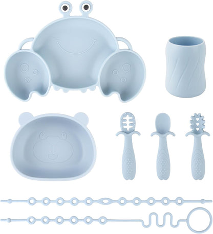 Silicone Baby Feeding Set, 8-Piece Baby Led Weaning Supplies Included Toddler Suction Plate, Bowl, Cup, 3 Spoons & 2 Safety Straps Keep Spoon, Fork & Bottle Off The Floor for Self-Feeding (Blue)
