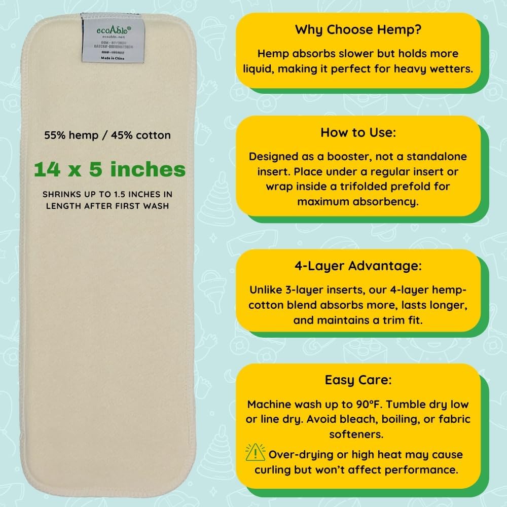 EcoAble 4-Layer Hemp Diaper Inserts – Overnight Boosters for Heavy Wetters – Reusable Absorbency Doublers – Fits Pocket, Cotton Prefold & Cover – Washable Natural Fiber Liners (Pack of 5)