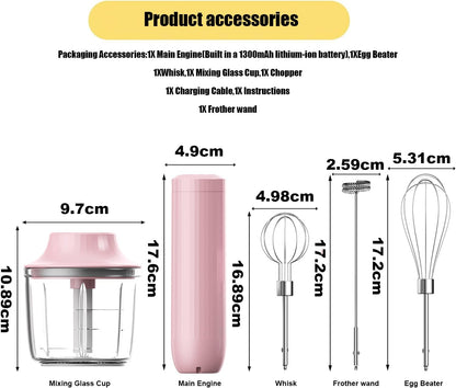 Hand Mixer with Whisk and Forther Wand,Electric Whisk, Milk Frother, Hand Held Mixers,Cordless Hand Mixer, Whisks for Cooking, Mini Mixer,Stirrers Electric,Food Chopper, Baby Food Maker,4-Speed, 10Oz