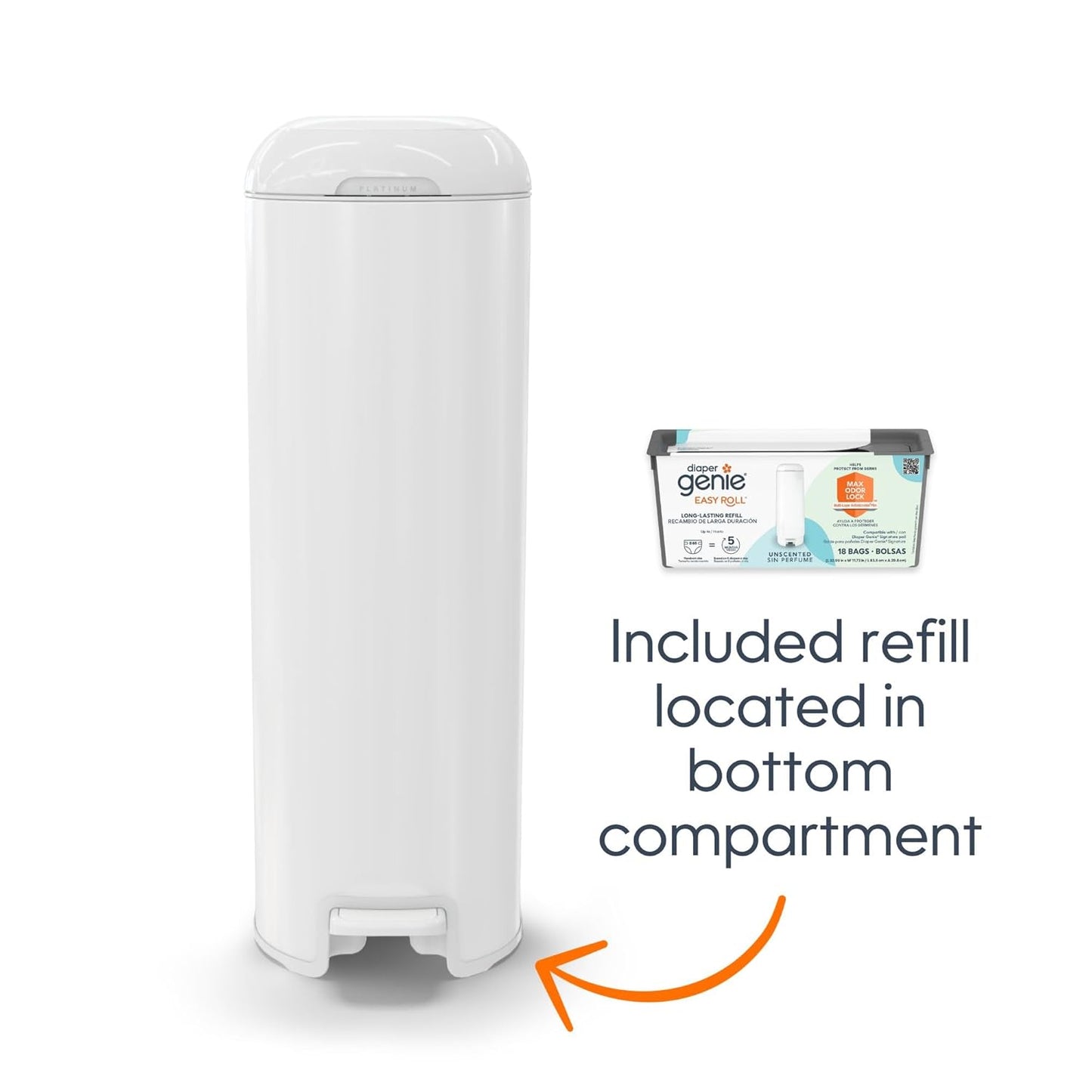 Diaper Genie Platinum Pail (Lily White) is Made in Durable Stainless Steel and Includes 1 Easy Roll Refill with 18 Bags That can Last up to 5 Months.