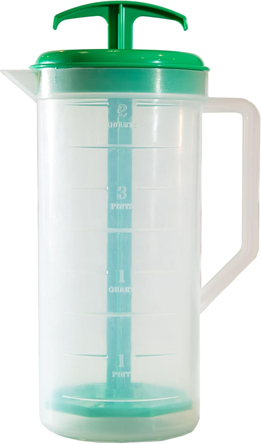JBK Pottery 2-Quart White Mixing Pitcher with Plunger – BPA-Free Plastic Mixing Jug for Juice, Milk, Tea, Shakes, and More – Dishwasher-Safe, Spill-Proof Lid, Smart Stirring Design