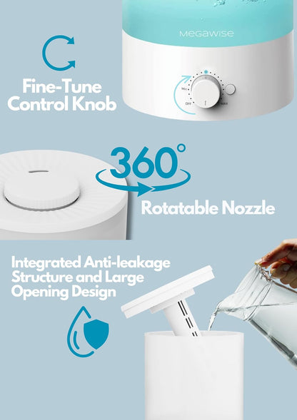 MEGAWISE 3.5L Ultrasonic Cool Mist Humidifier – Top-Fill, Essential Oil Diffuser, Quiet Operation, Night Light, Auto Shut-Off for Home & Office (1)