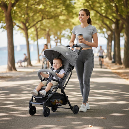 HiBud Baby Stroller, Lightweight Compact Stroller with One-Hand Auto Folding, 5-Point Harness, Adjustable Footrest, Multi-Position Recline, Carry Strap, Supports up to 40 lbs (Grey)