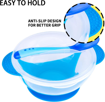 Berry President Baby Bowls with Suction Base, Spill-Proof Lid, Temperature-Sensing Spoon, Binaural Design Bowl for Babies Kids children Toddlers, First Stage Self Feeding (Pack of 3)