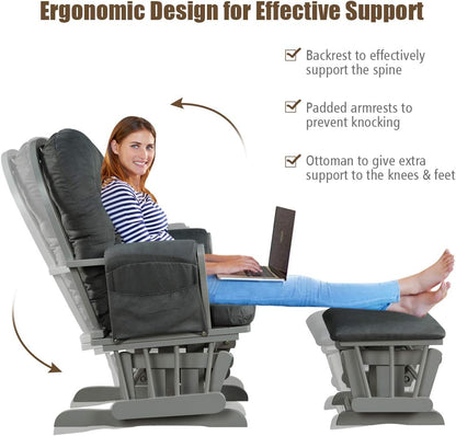 Costzon Nursery Glider with Ottoman, Upholstered Comfort Glider Rocker with Padded Cushion, Storage Pocket, Solid Wood Base, Rocking Chair Nursery for Breastfeeding, Napping (Light Gray)