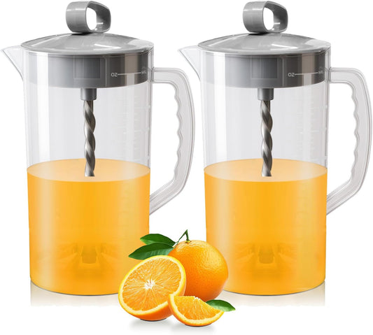 2 Pcs Mixing Pitcher for Drinks, 2 Quart/64oz Plastic Juice Pitcher with Lid, Angled Plastic Blades and Adjustable Mixer Plunger for Juice, Tea, Milk, Beverage Container