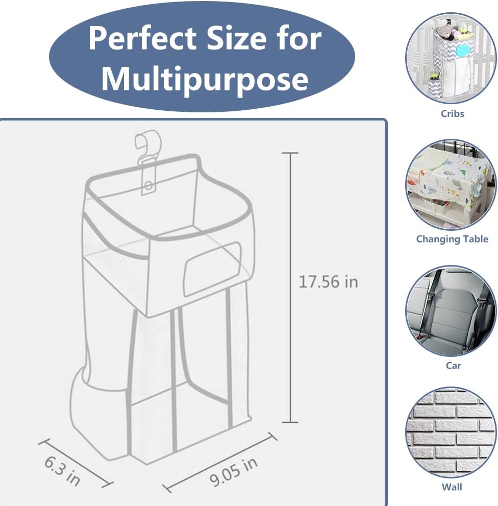 Hanging Diaper Caddy Organizer for Crib, Baby Diaper Holder with 3 Compartments, Water-Resistant Nursery Storage Bag for Changing Table, Playard, Wall, Ripple Grey