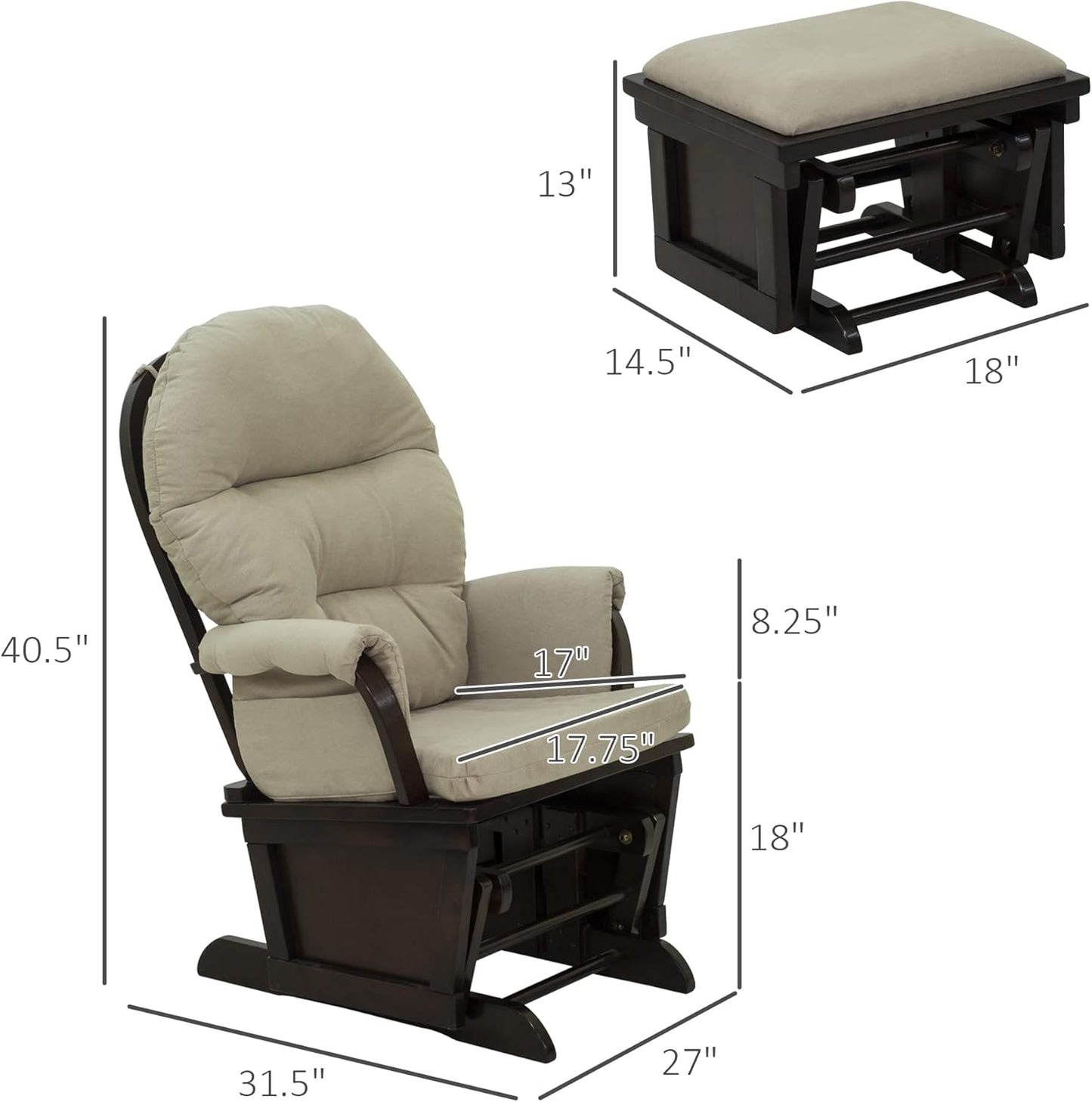 HOMCOM Nursery Glider Rocking Chair with Ottoman, Thick Padded Cushion Seating and Wood Base, Cream White