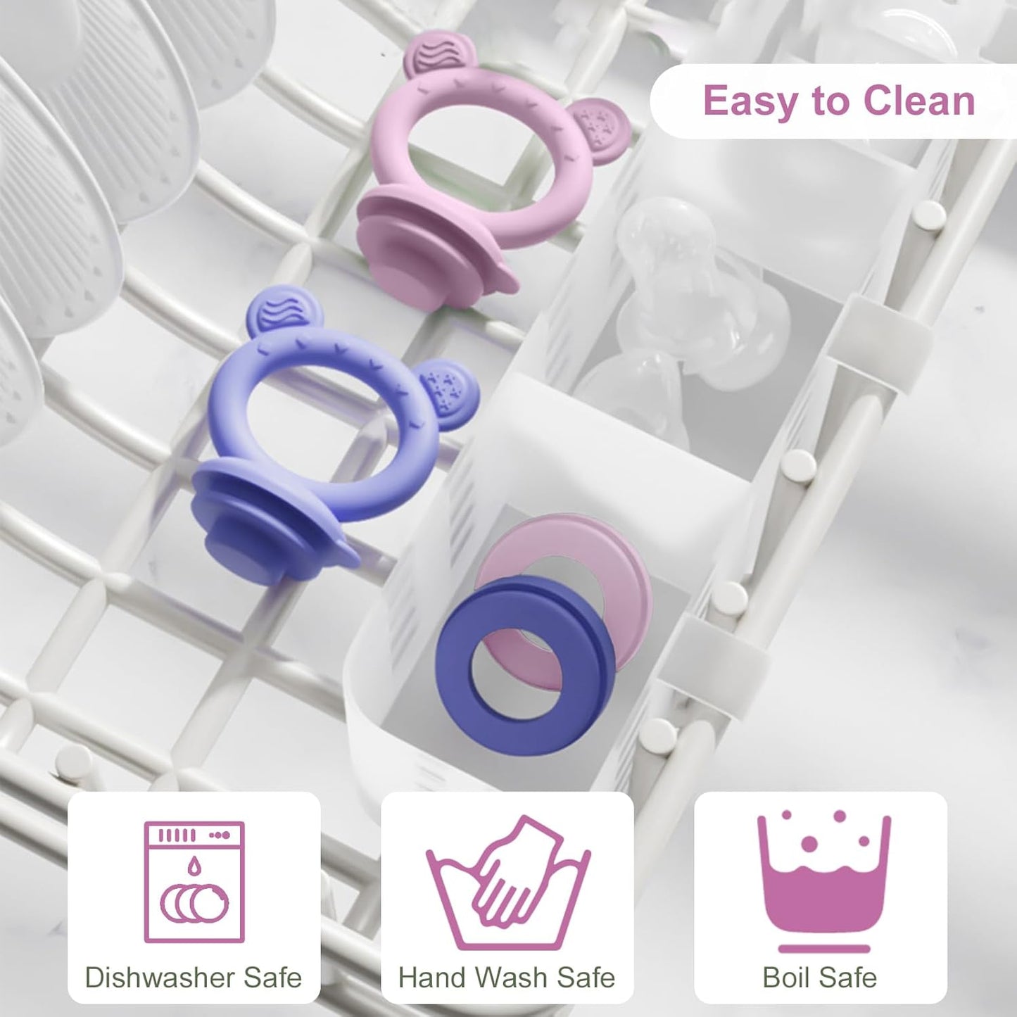 WAJIAYON Baby Breastmilk Popsicle Molds & Baby Fruit Feeder (4 Pack), Infant Food Freezer Tray Storage Containers, Silicone Teething Pacifier Feeder and Teether for Babies,Boys and Girls-Pink&Purple