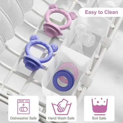 WAJIAYON Baby Breastmilk Popsicle Molds & Baby Fruit Feeder (4 Pack), Infant Food Freezer Tray Storage Containers, Silicone Teething Pacifier Feeder and Teether for Babies,Boys and Girls-Pink&Purple